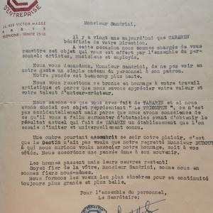 Lettre de remerciements de l'ensemble du personnel pour les 20 ans de direction de Pierre Sandrini